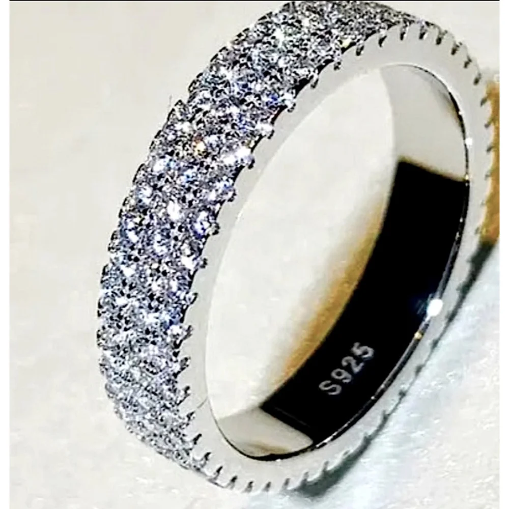 NEW 14k Gold‎ Plated S925 Triple Row Eternity Diamond Wedding Ring, Size 7.5